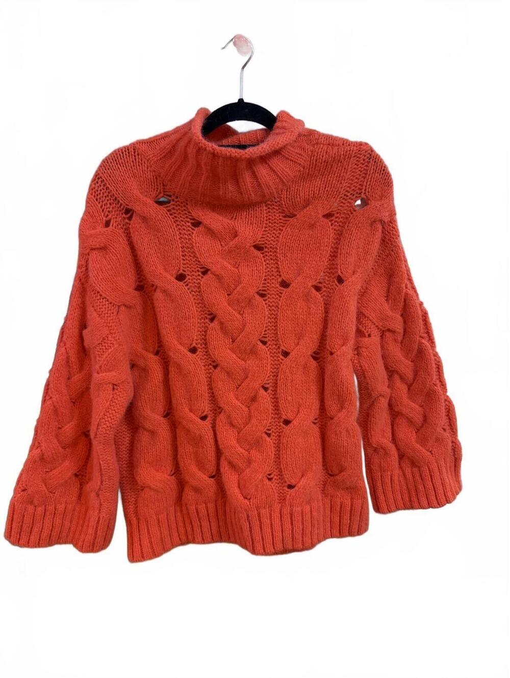 $298 FREE PEOPLE Clementine Soft Spun Cable Knit Pullover Orange Tango Sz L#1250 - Picture 6 of 11
